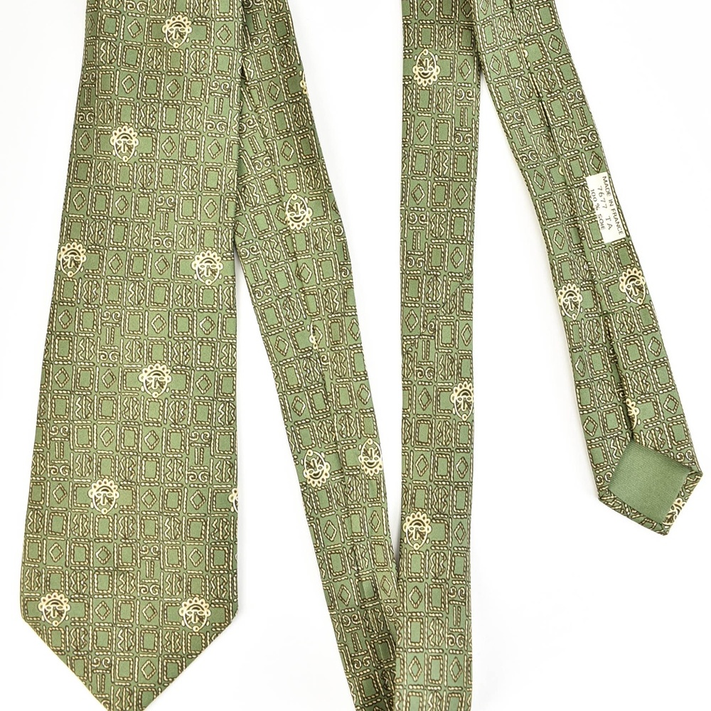 HERMES "Aztec": Pale Green, 100% Silk Club Tie - Picture 1 of 5
